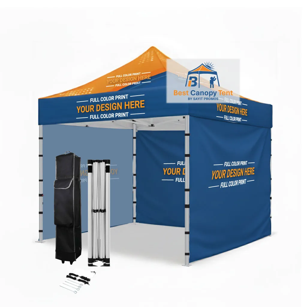 Custom printed 10x10 pop up canopy tent with three printed full walls, hex aluminum frame, spike kit and wheeled bag
