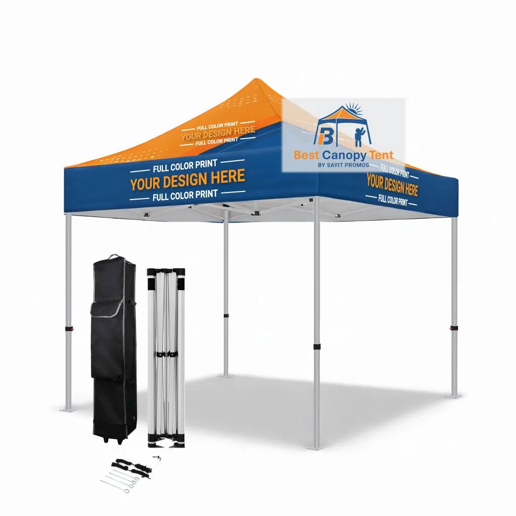 Custom printed 10x10 pop up canopy tent with hex aluminum frame, spike kit and wheeled bag