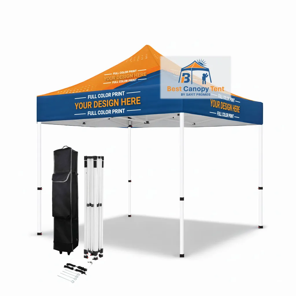 Custom printed 10x10 pop up canopy tent with white steel frame, spike kit and wheeled bag