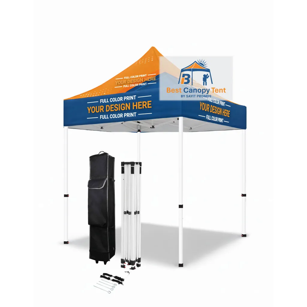Custom printed 5x5 pop up canopy tent with white steel frame, spike kit and wheeled bag