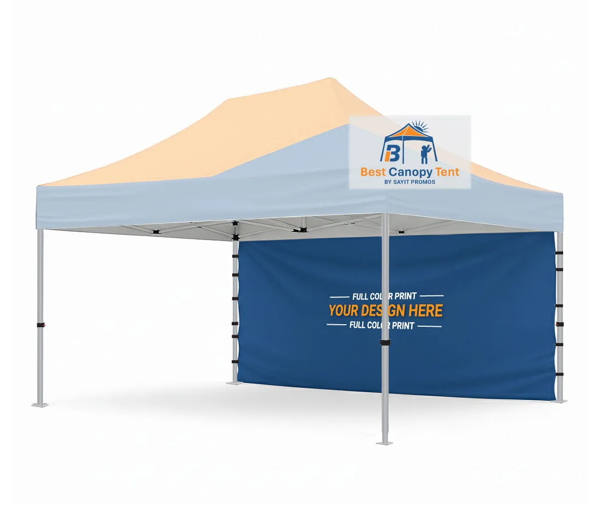 Custom printed 15 foot wall attached to a 10x15 pop up canopy tent frame