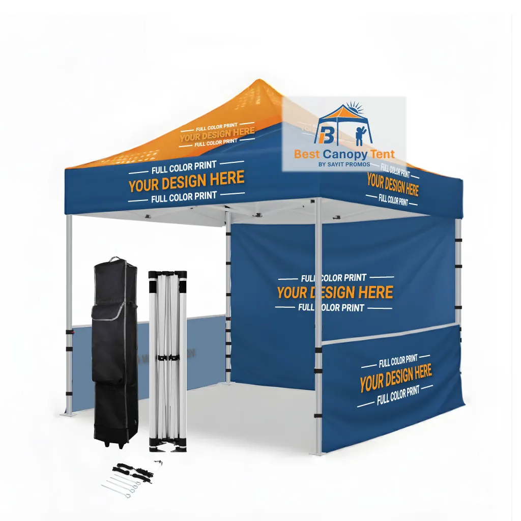 Custom printed 10x10 pop up canopy tent with full back wall, two half walls, hex aluminum frame, spike kit and wheeled bag