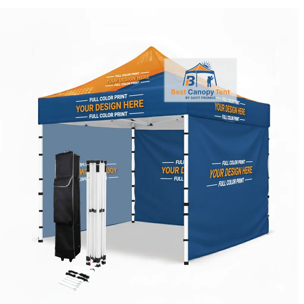 Custom printed 10x10 pop up canopy tent with three printed full walls, white steel frame, spike kit and wheeled bag