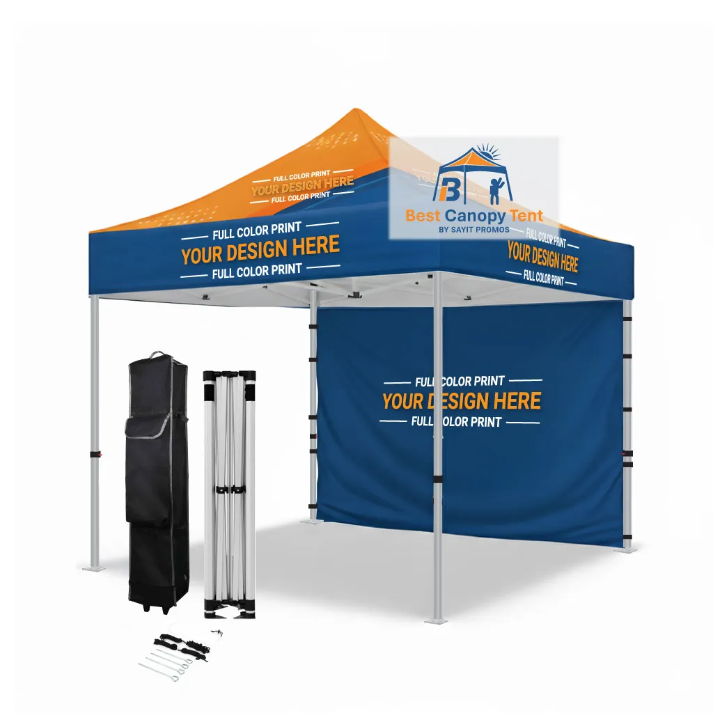 Custom printed 10x10 pop up canopy tent with full back wall, hex aluminum frame, spike kit and wheeled bag