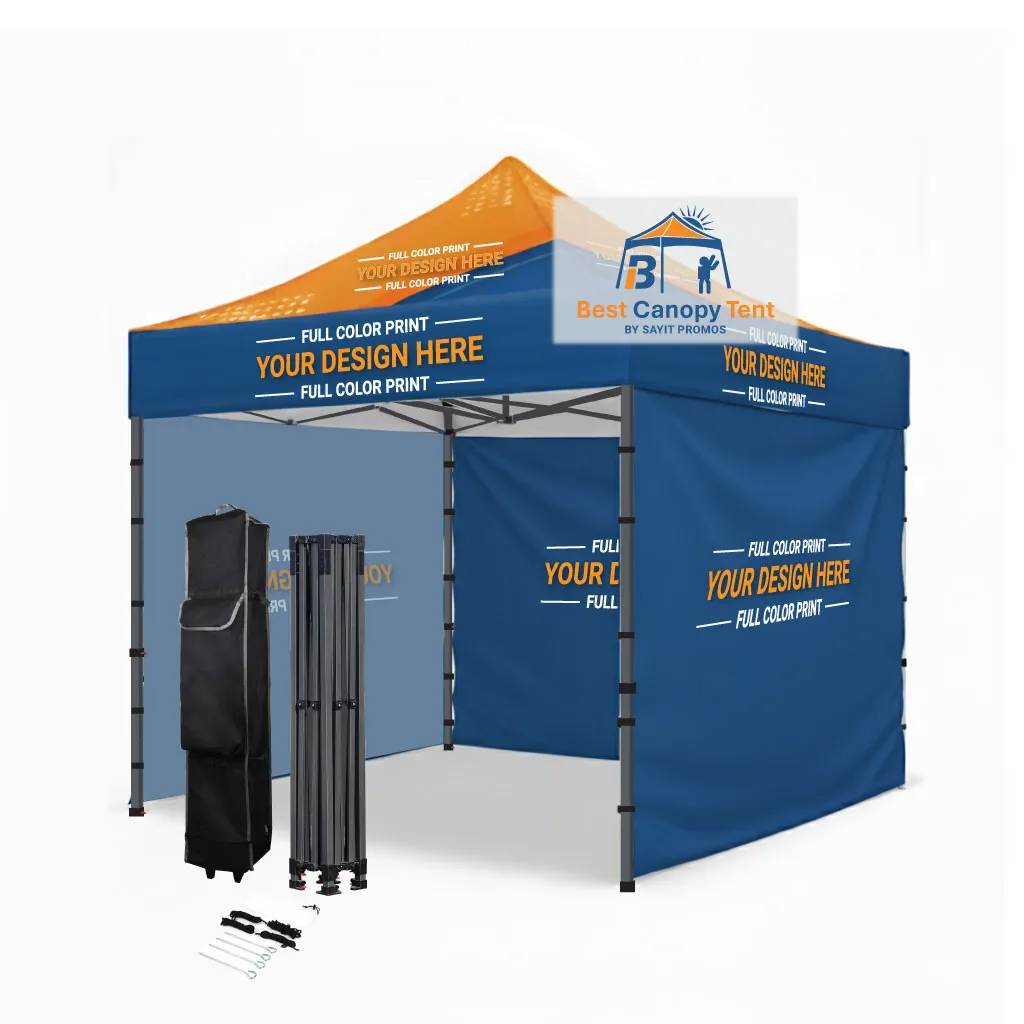 Custom printed canopy tent with black frame and three full walls