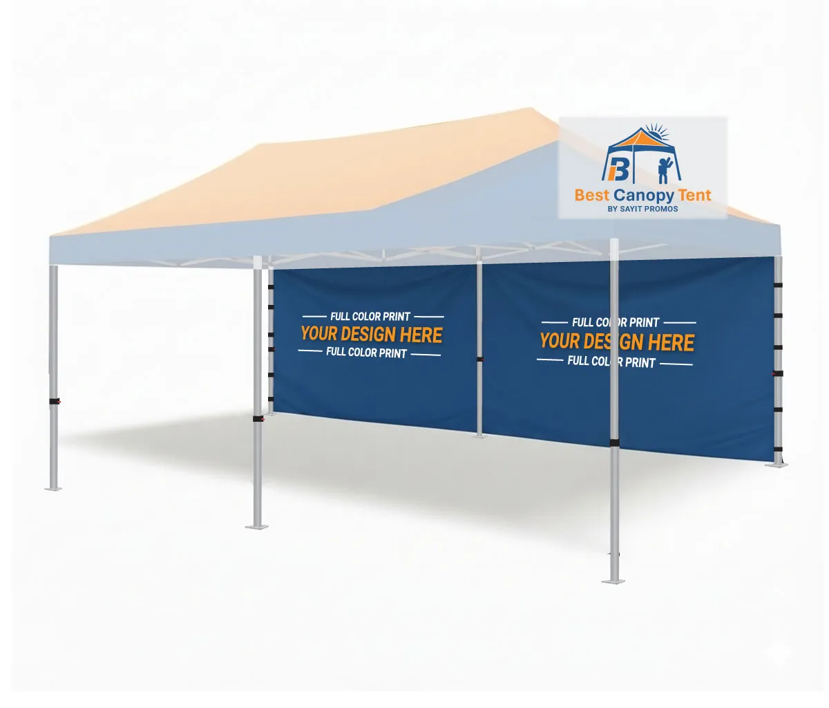 Custom printed 20 foot wall attached to a 10x20 pop up canopy tent frame